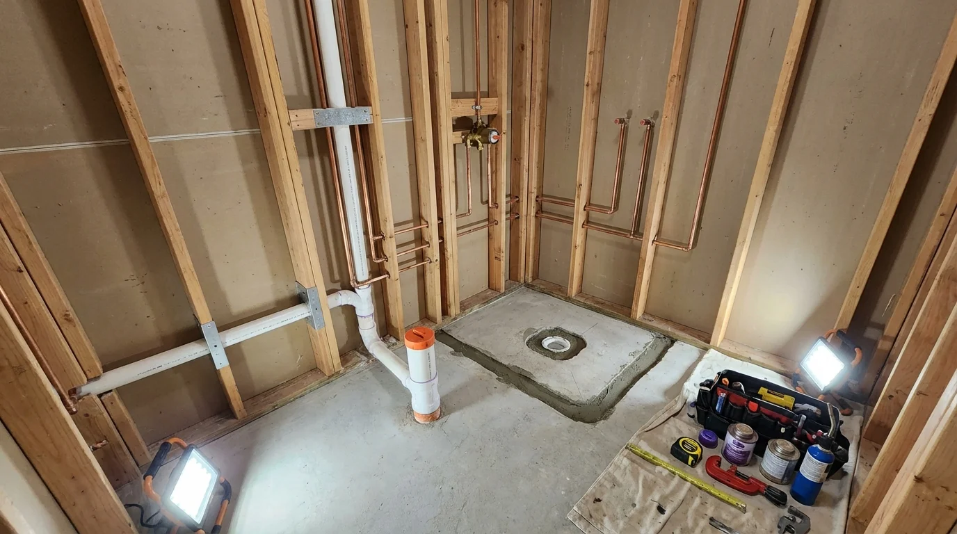Bathroom rough-in plumbing during remodel by Johns Plumbing LLC in Obion