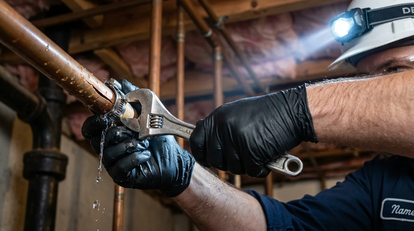 Emergency pipe clamp repair being performed by a Johns Plumbing LLC plumber in Obion